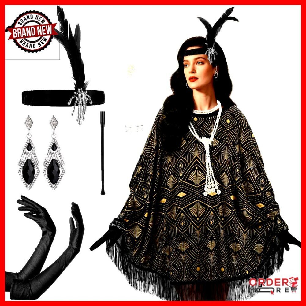 Vintage 1920s Flapper Costume Accessories Set with Fringed Poncho